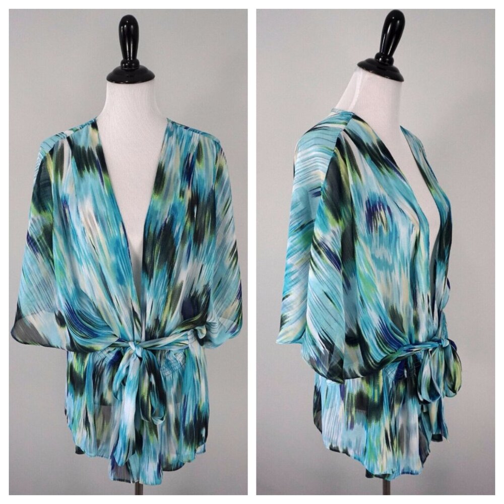 Chicos Blue White Watercolor Elastic Waist Belted Blouse Swim Top Size L XL